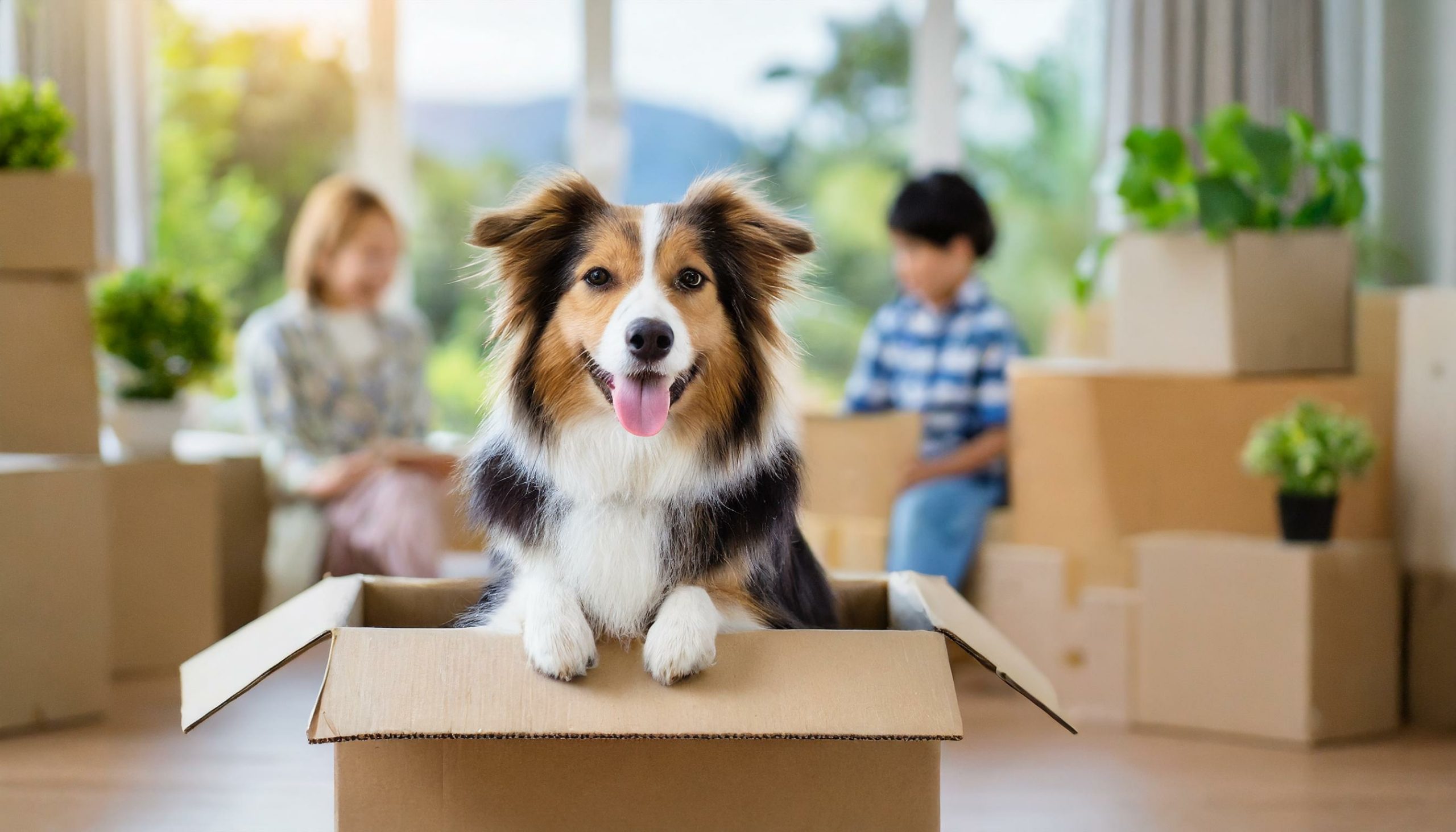 Family with kids and pets moving to new home. Cute dog sitting in cardboard box.