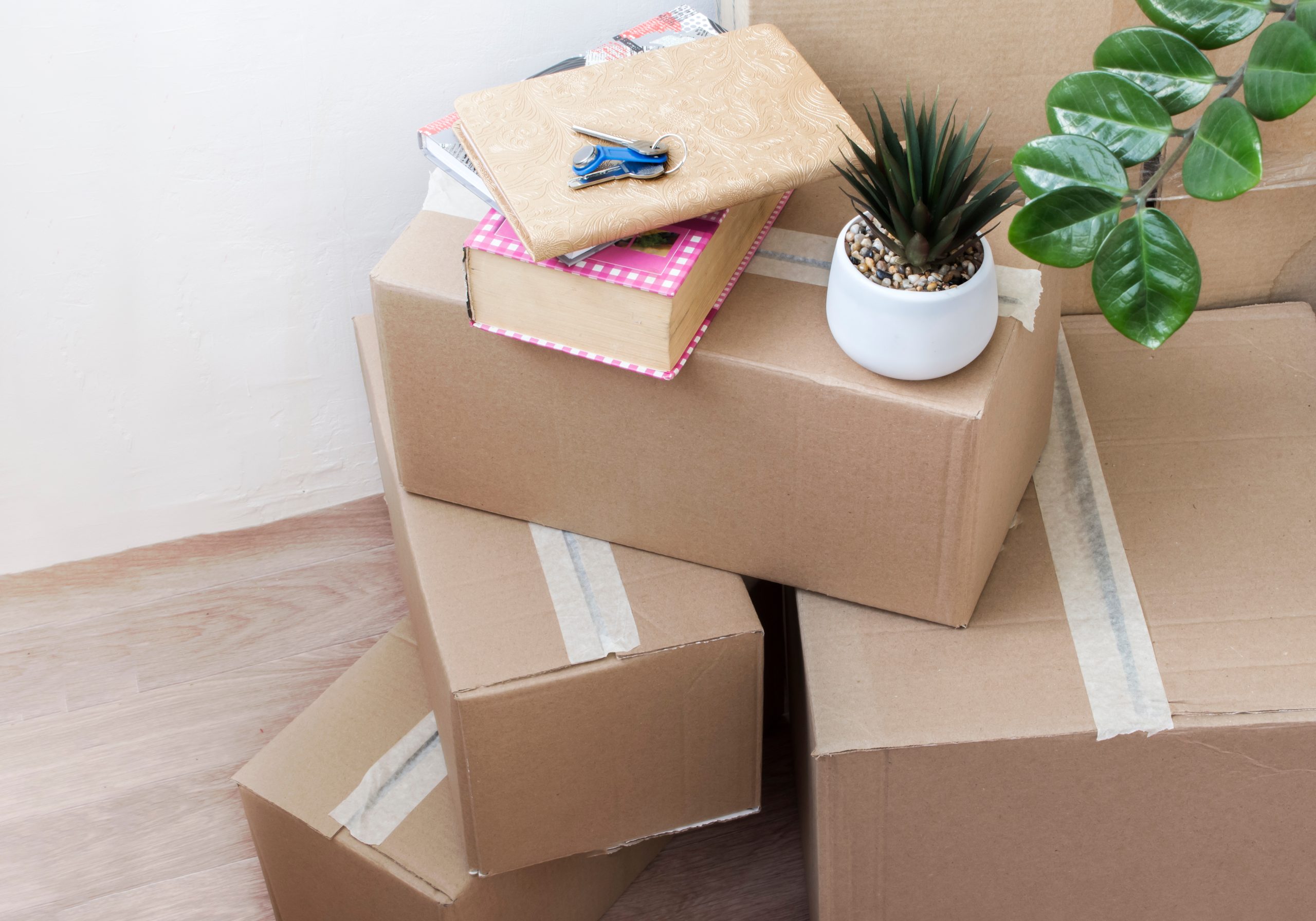 full boxes of things with indoor flowers and keys to a new house, moving to another housing, top view.